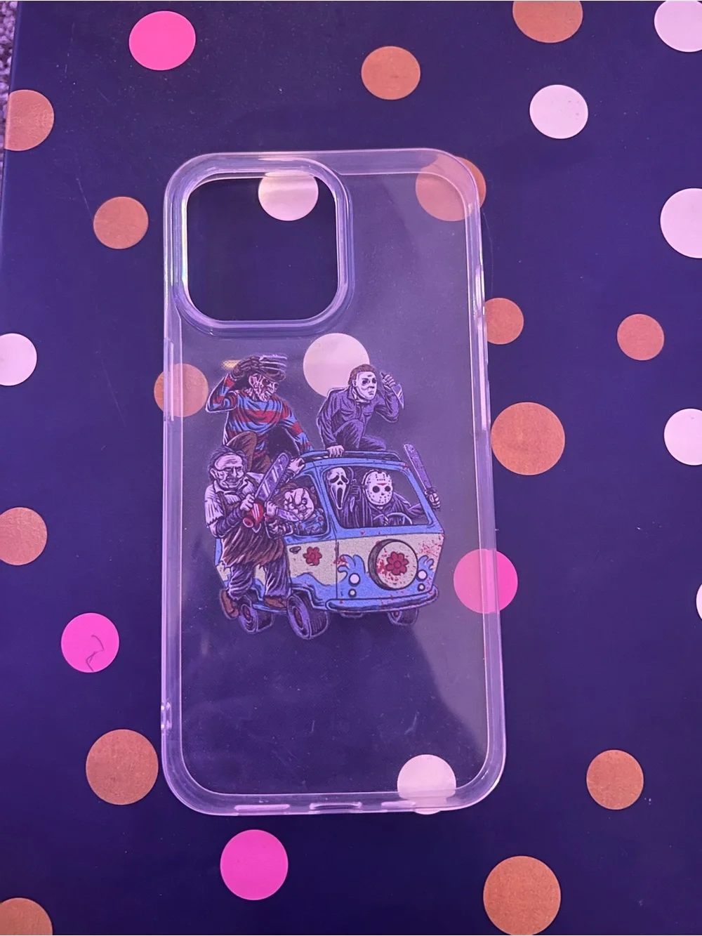 Clear Pink Graphic iPhone Case with Horror Character Design